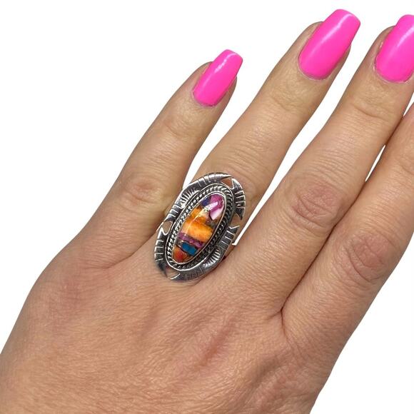 Kingman Pink Dahlia Turquoise Spiny Oyster Ring Adjustable 925 Sterling Silver - Picture 2 of 8